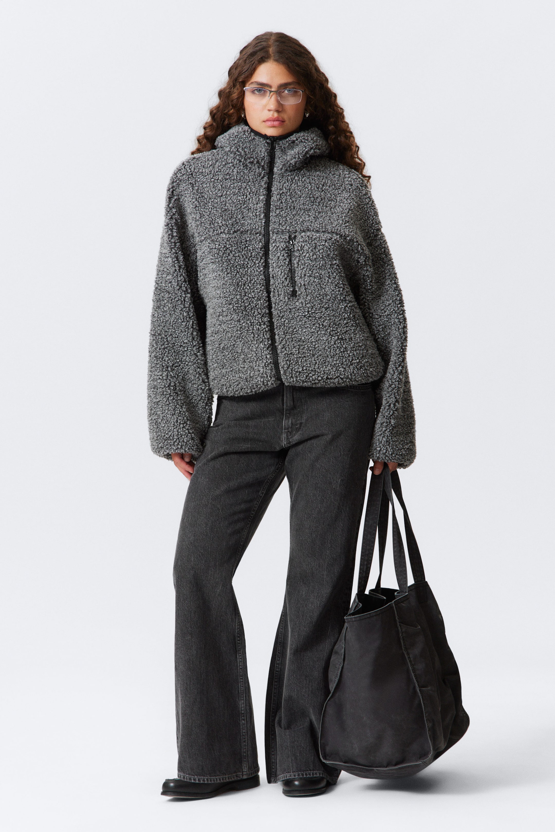 Donkergrijs gemêleerd - Oversized teddy hoodie met rits - 2