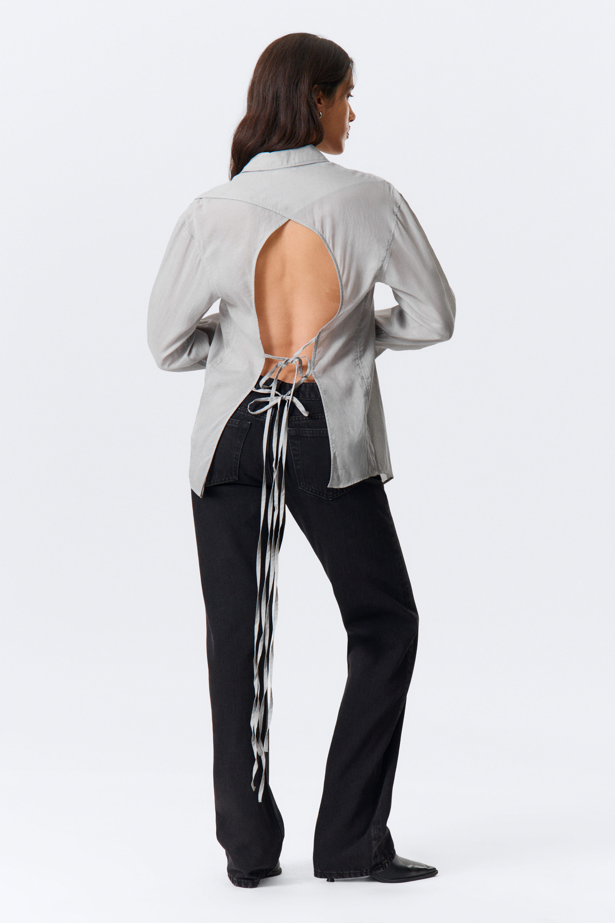 Dusty Grey - Long-Sleeved Open Back Tie Shirt - 2