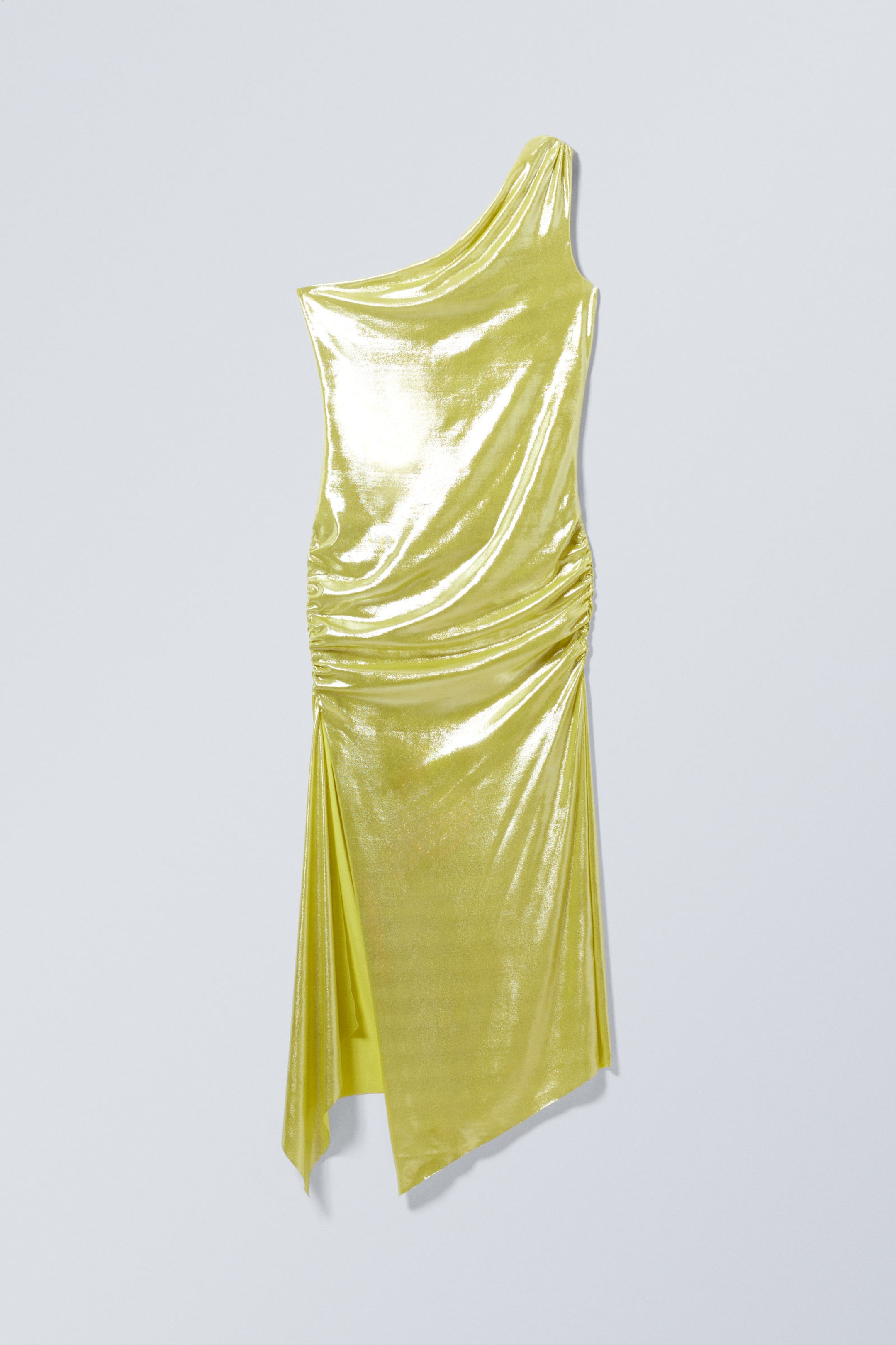 Shiny Yellow - Overlap Draped Asymmetric Midi Dress - 3