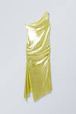 Shiny Yellow - Overlap Draped Asymmetric Midi Dress - 3