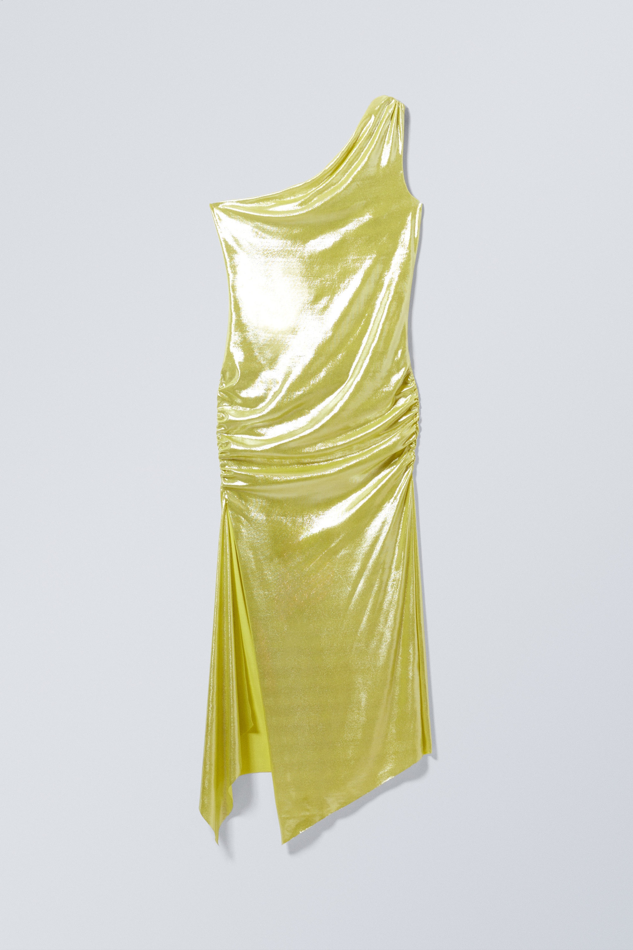 Shiny Yellow - Overlap Draped Asymmetric Midi Dress - 1