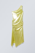 Shiny Yellow - Overlap Draped Asymmetric Midi Dress - 0