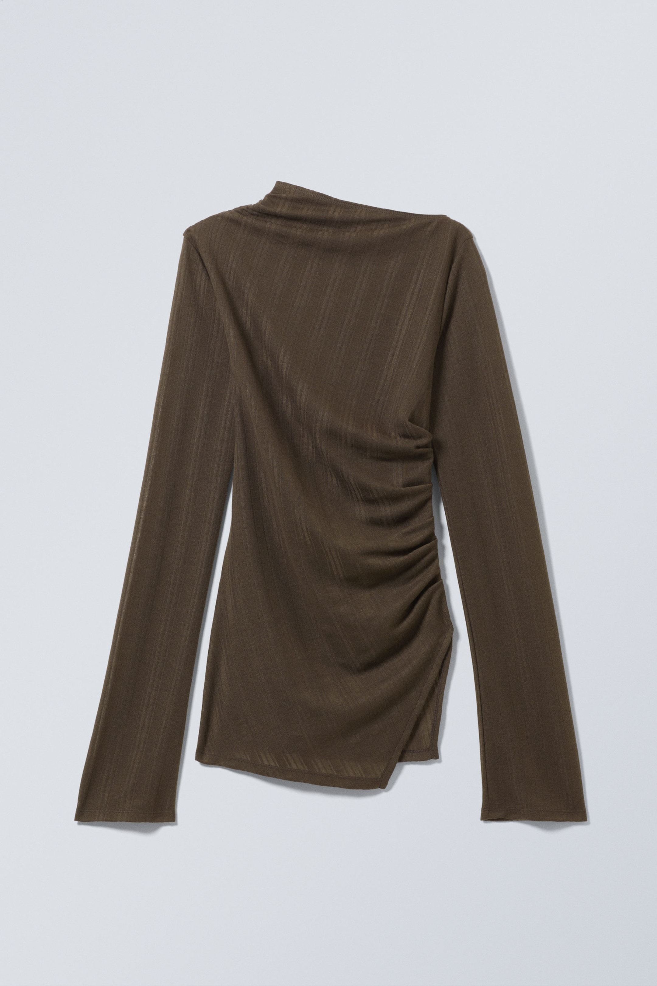 Dark Brown - Sheer Asymmetric Long-Sleeved Top - 3