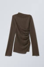 Dark Brown - Sheer Asymmetric Long-Sleeved Top - 3