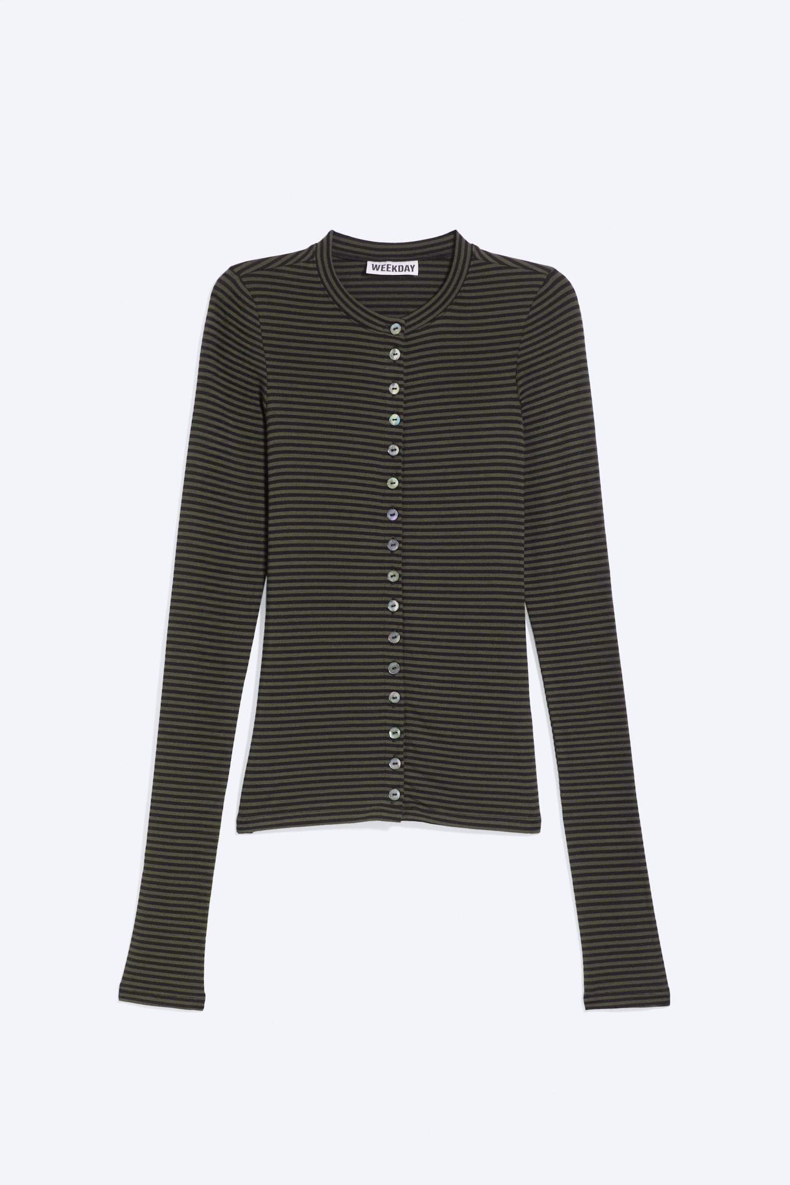 Cardigan con bottoni a perla - Verde kaki scuro a righe/Bianco/Nero