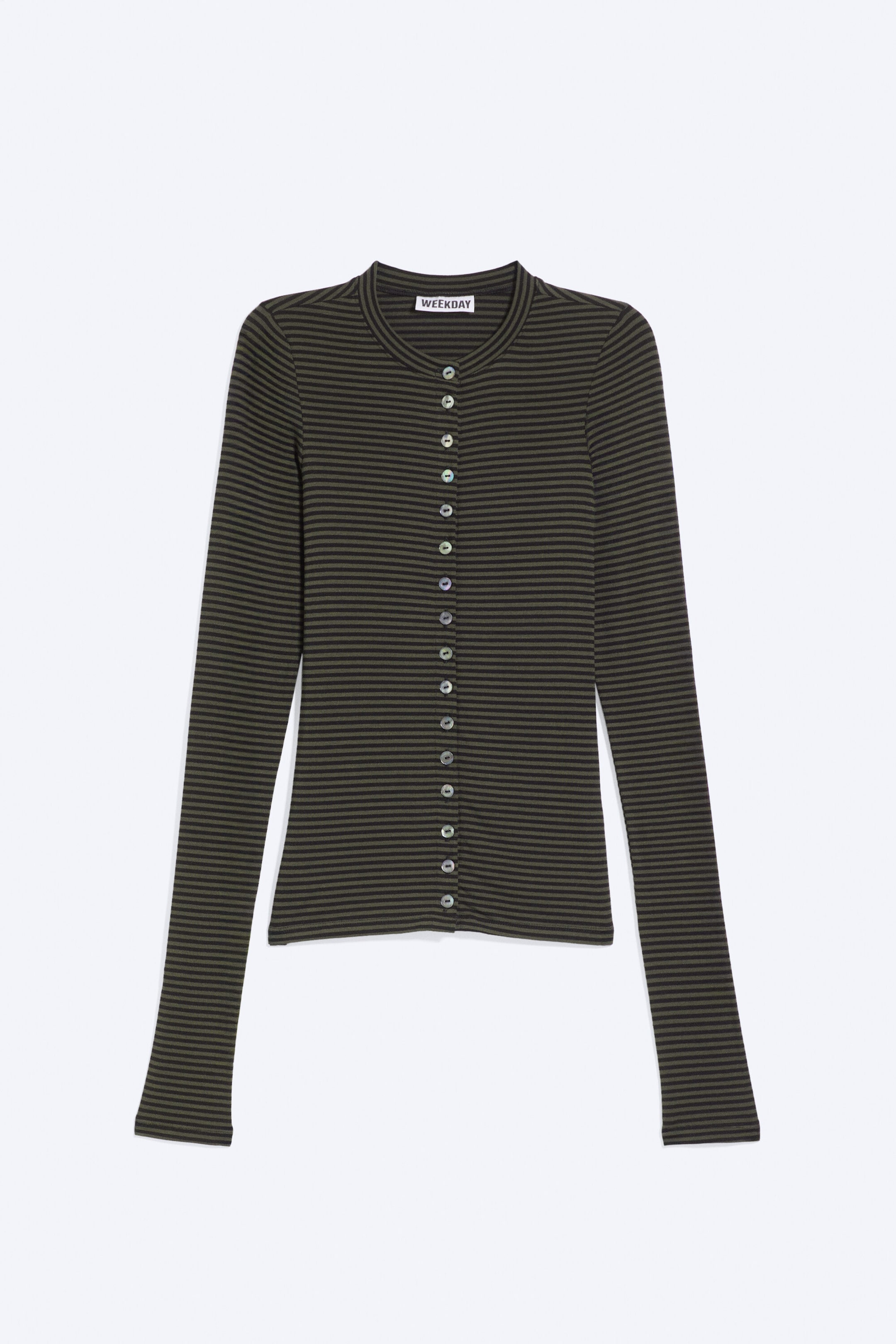 Striped Dark Khaki Green - Pearl Button Cardigan - 3