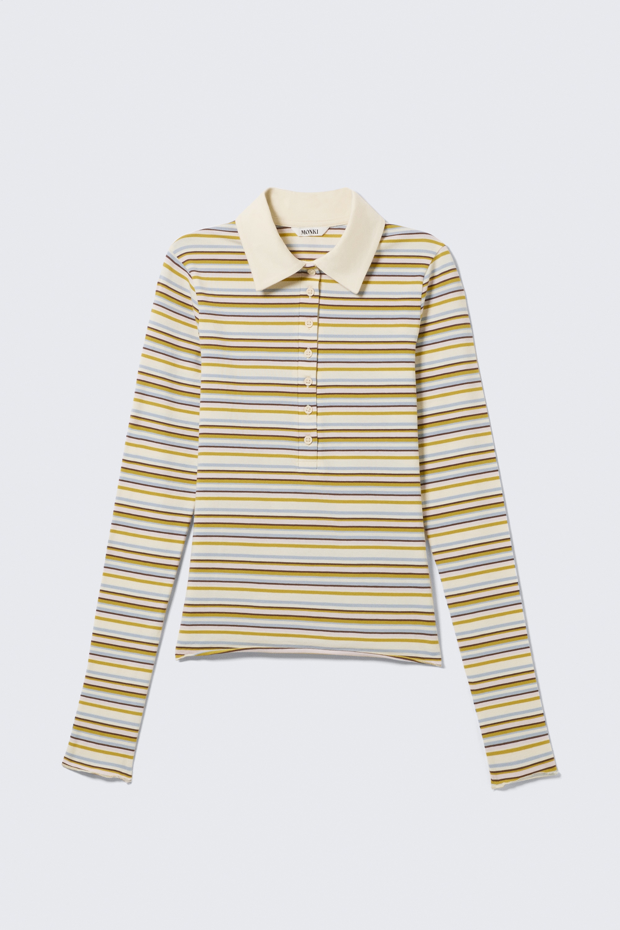 Polo ajusté manches longues - Rayures multicolores jaunes
