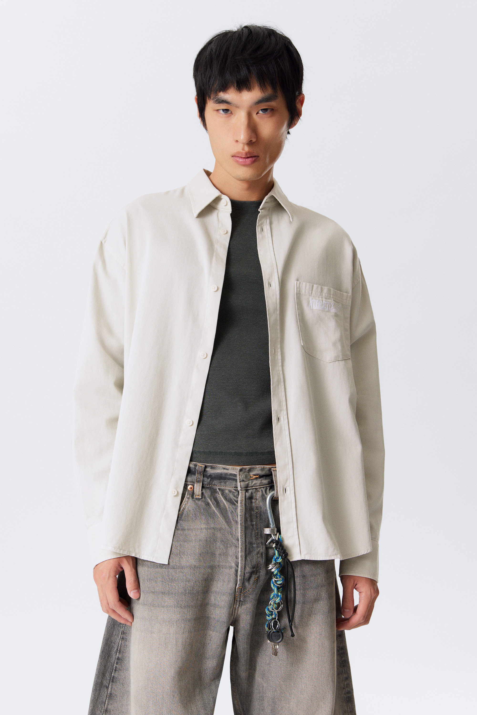 Beige - Besticktes oversized Baumwollhemd - 1