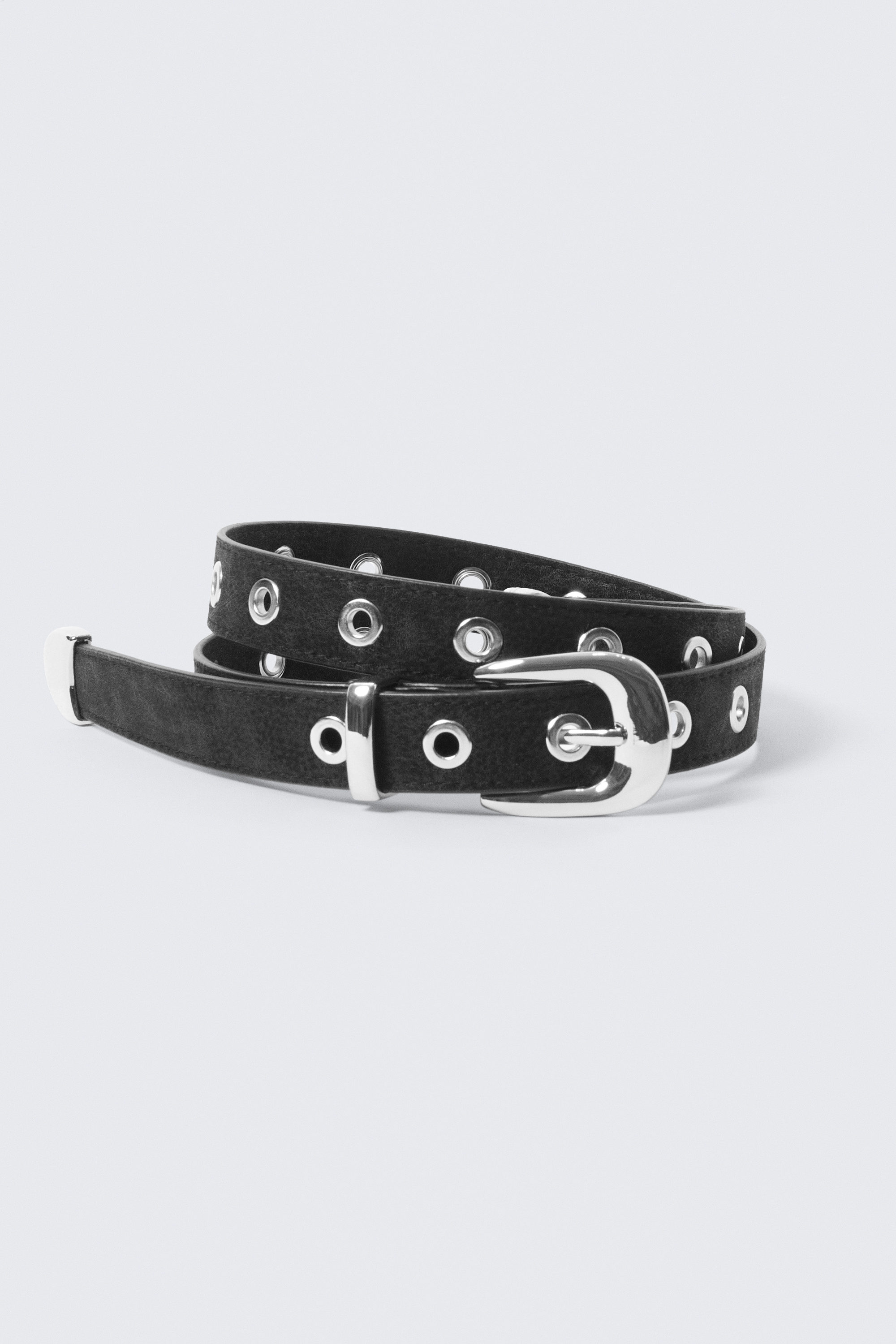 Black - Metal Eyelet Faux Leather Belt - 2
