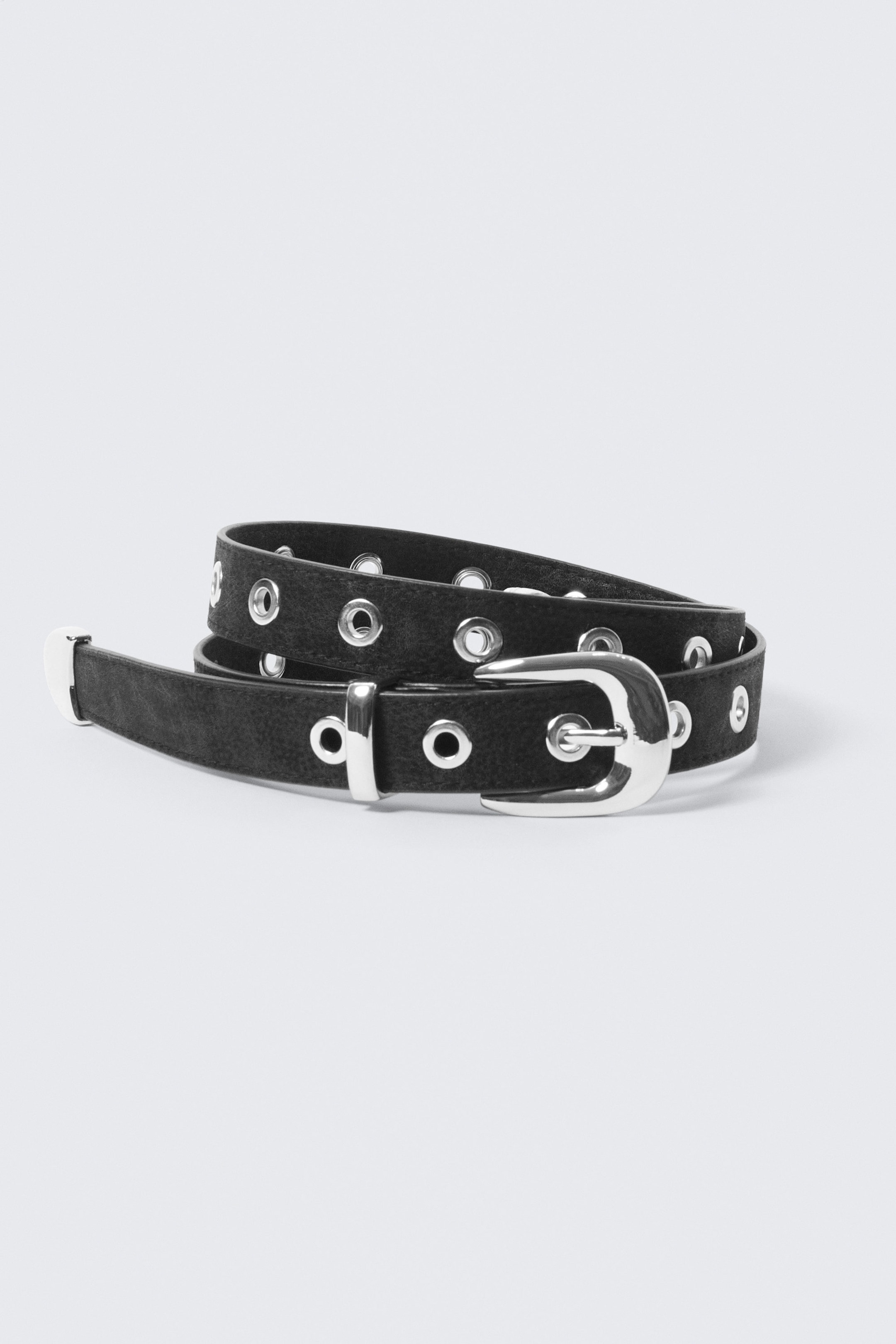 Black - Metal Eyelet Faux Leather Belt - 2