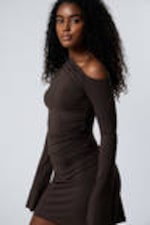 Dark Brown - Gathered Mini Long Sleeve Dress - 0