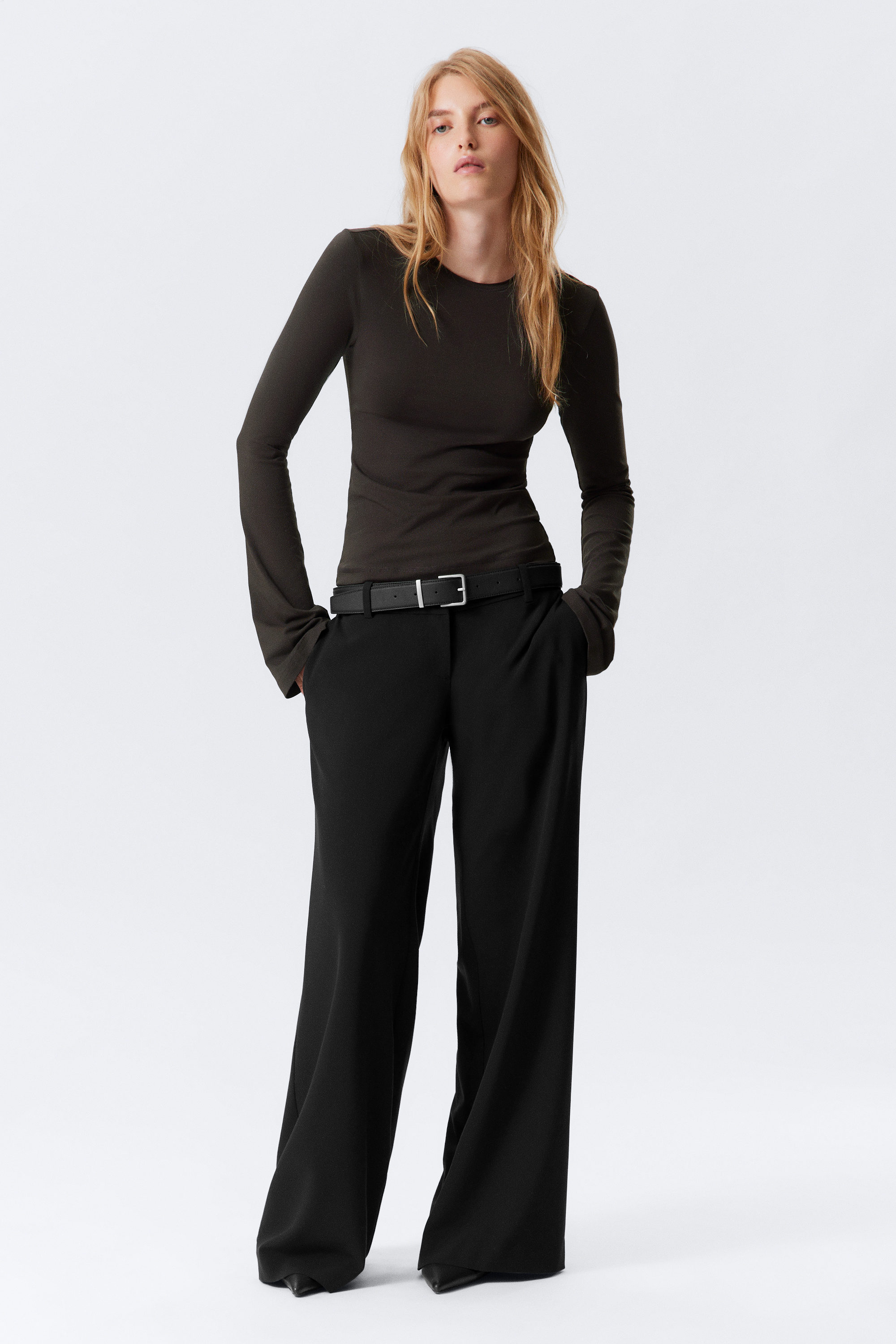 Dark Brown - Long Sleeve Cotton Top - 2