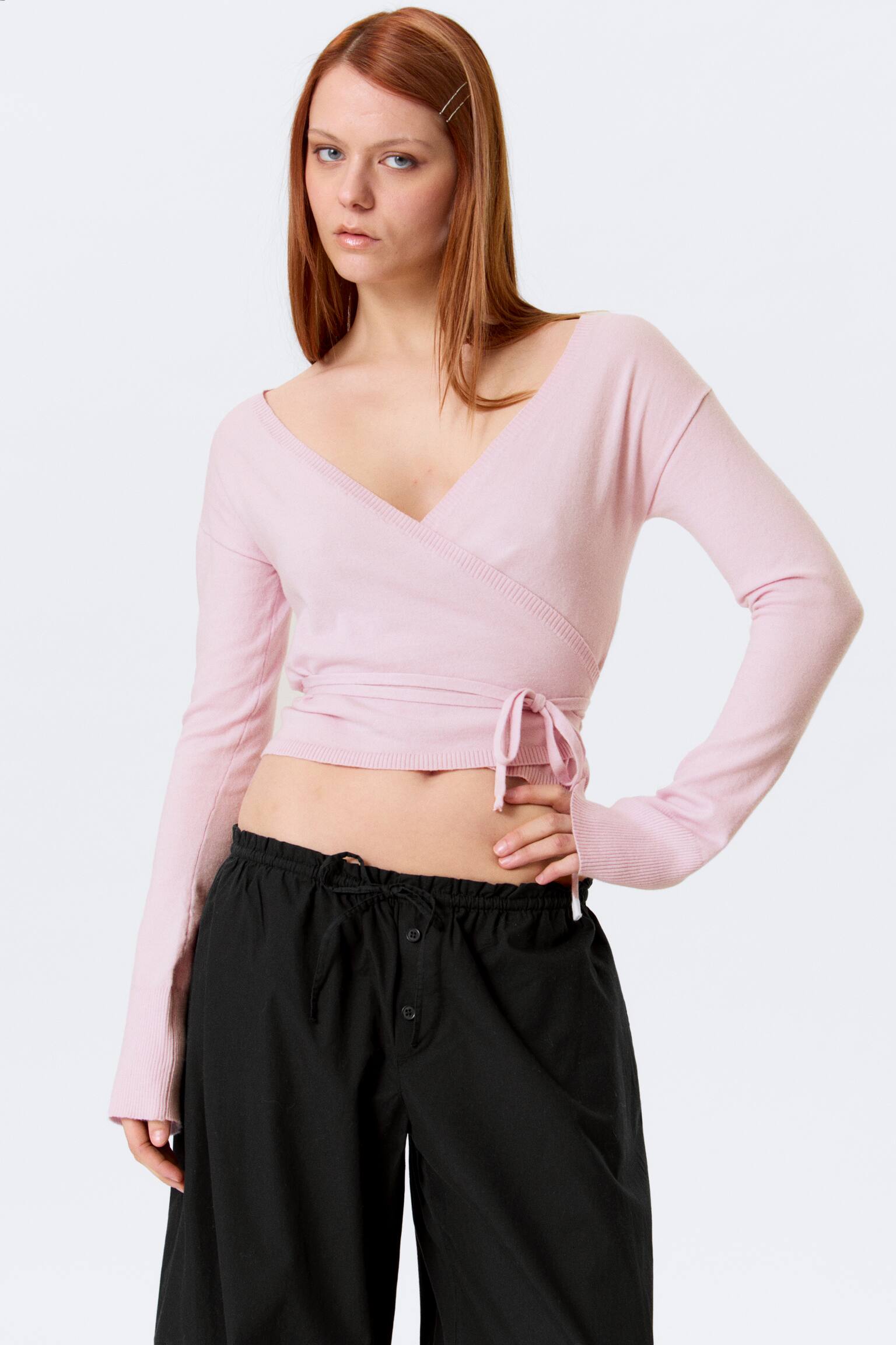 Cardigan avvolgente a V - Rosa chiaro/Nero/Grigio mélange - 1