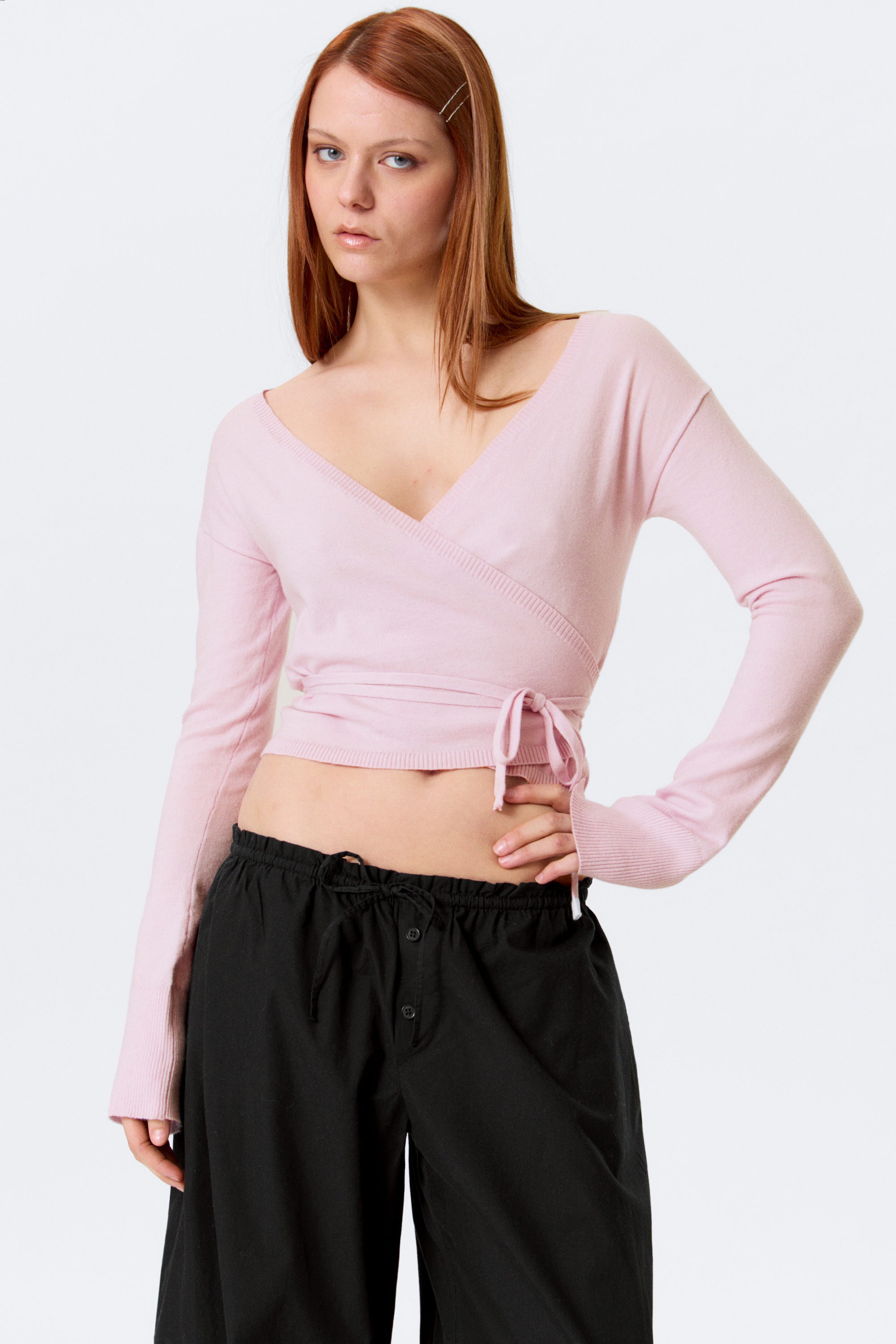 Light Pink - V-Neck Wrap Knit Cardigan - 1