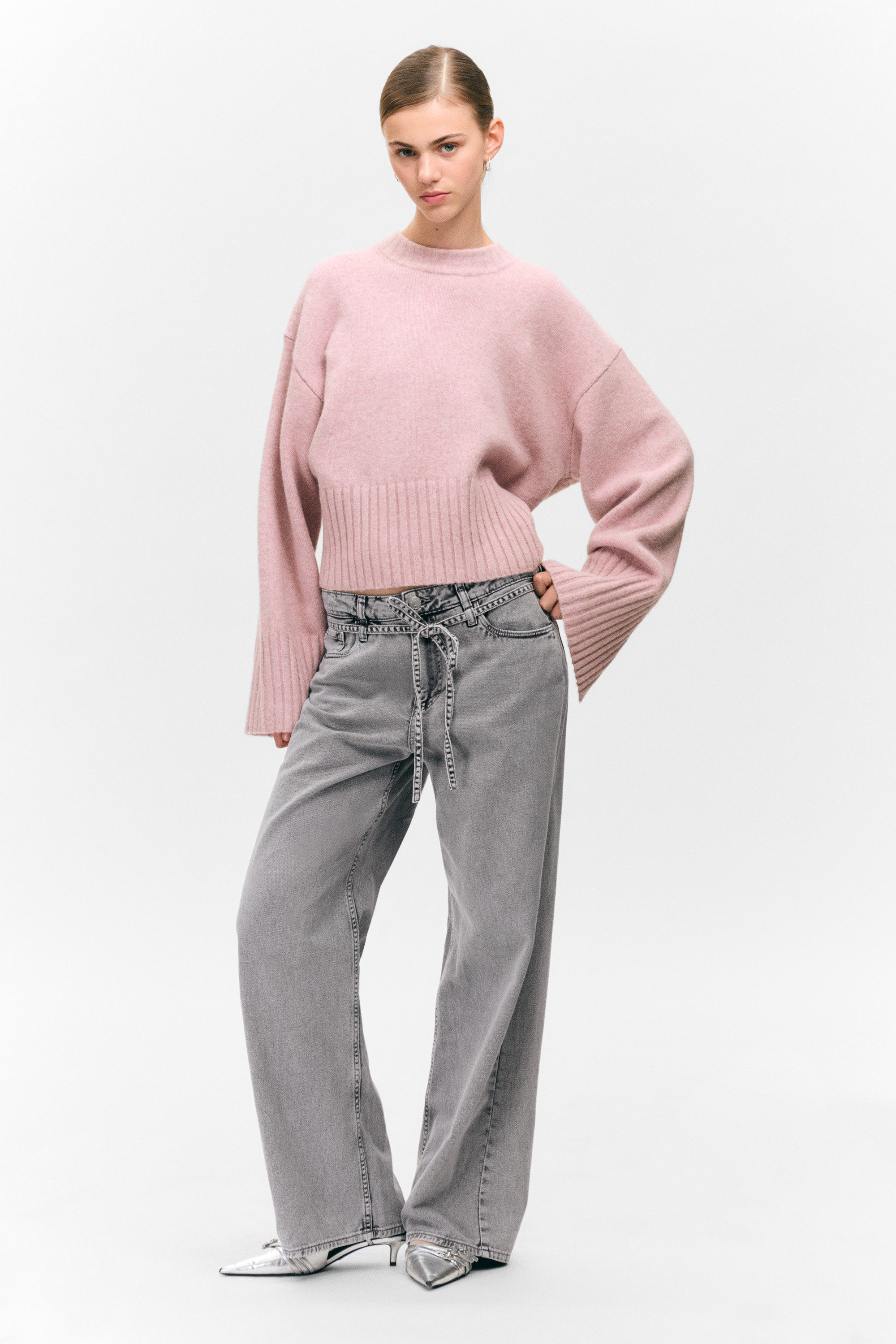 Dusty Grey Overdye - Low Waisted Relaxed Twill Trousers - 2