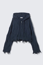 Dark Blue - Cropped Pointelle Knit Zip Hoodie - 0