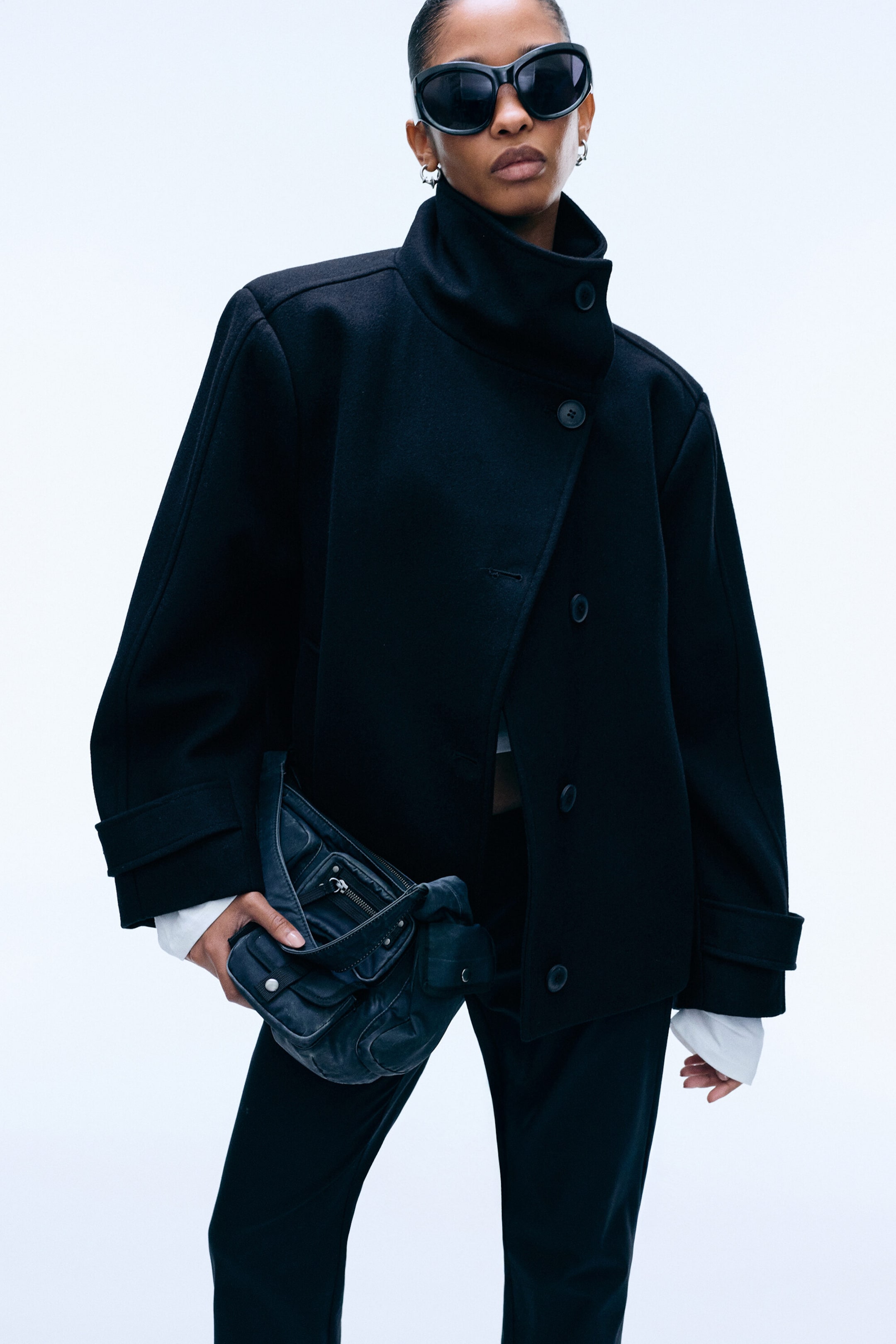Black - Funnel collar wool-blend jacket - 1