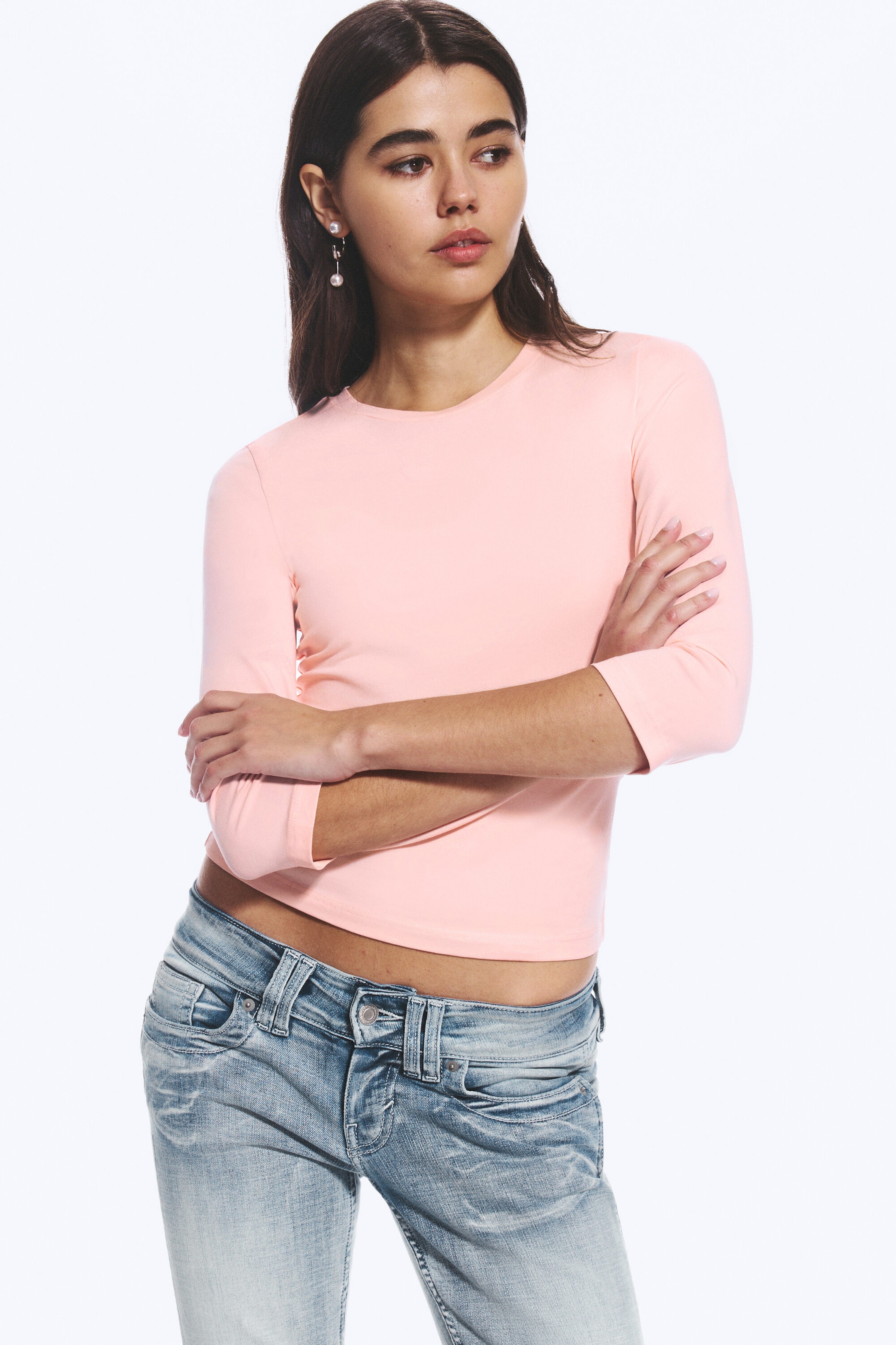 Light Dusty Peach - Round Neck Three-Quarter Sleeve Top - 0