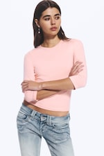 Light Dusty Peach - Round Neck Three-Quarter Sleeve Top - 0