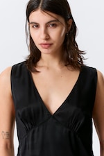 Black - Sleeveless V-neck Satin Top - 1