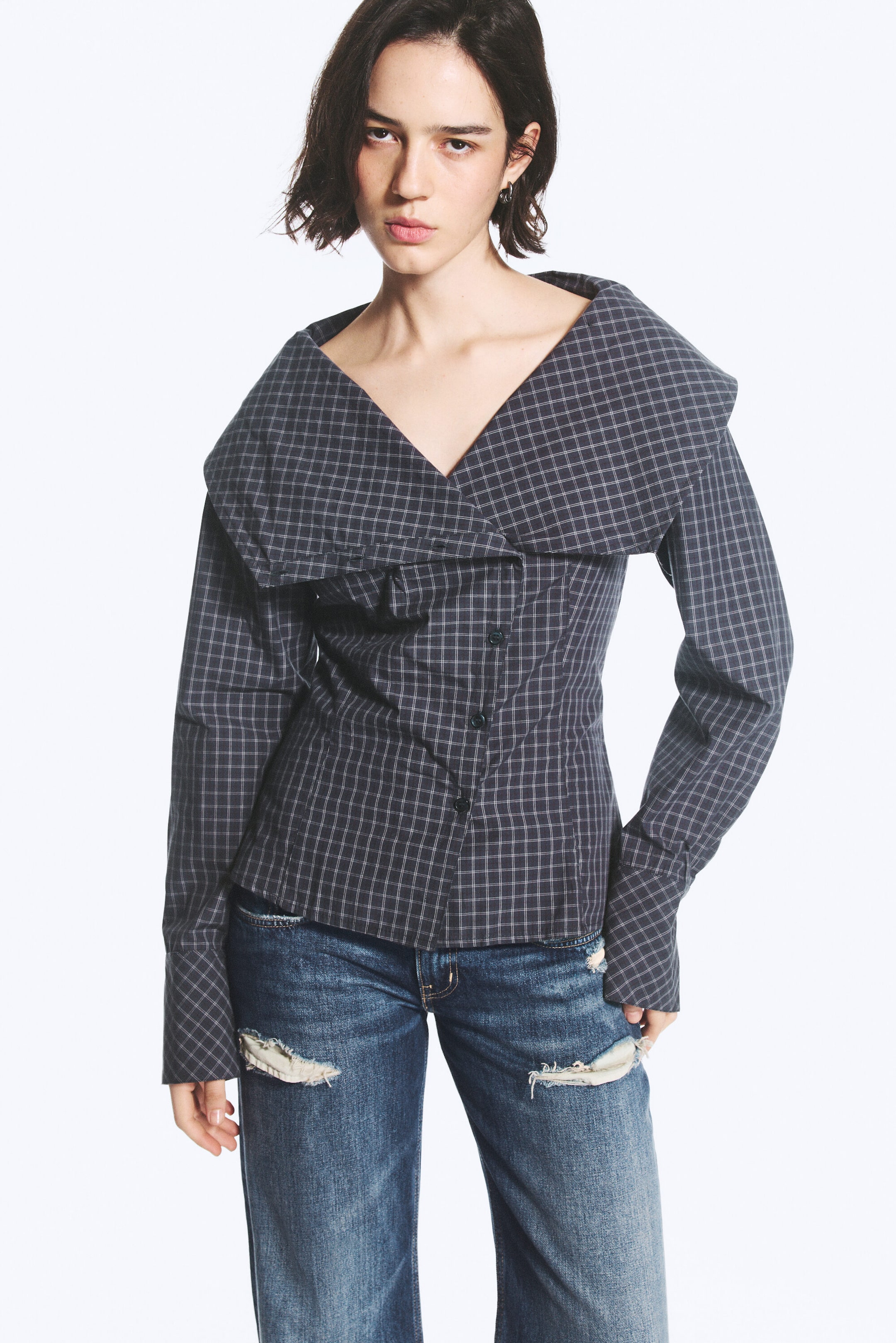 Checked Dark Blue - Asymmetric Buttoned Funnel top - 1