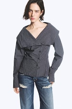 Checked Dark Blue - Asymmetric Buttoned Funnel top - 0