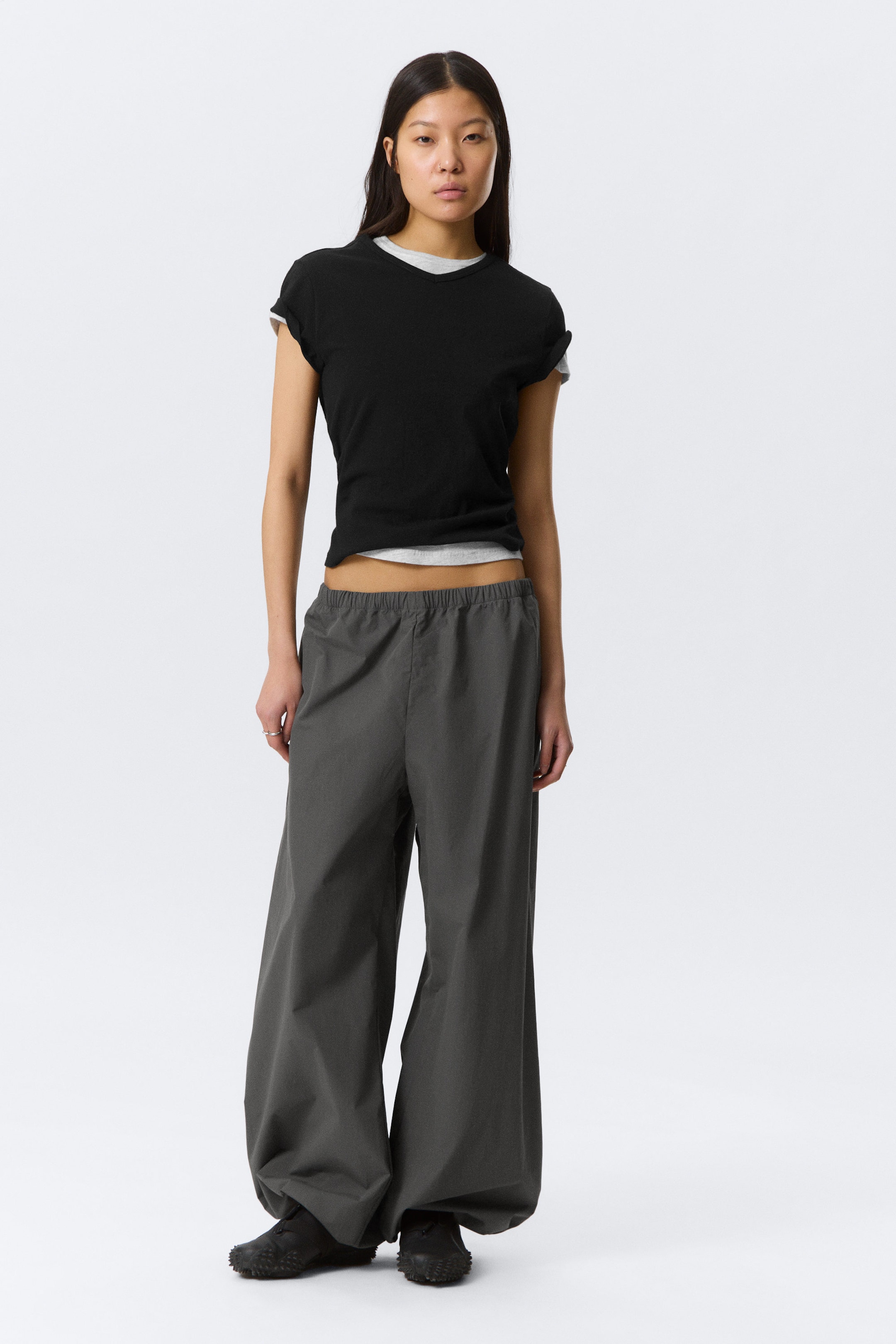 Dark Grey - Low Rise Loose Wide Leg Track Trousers - 1