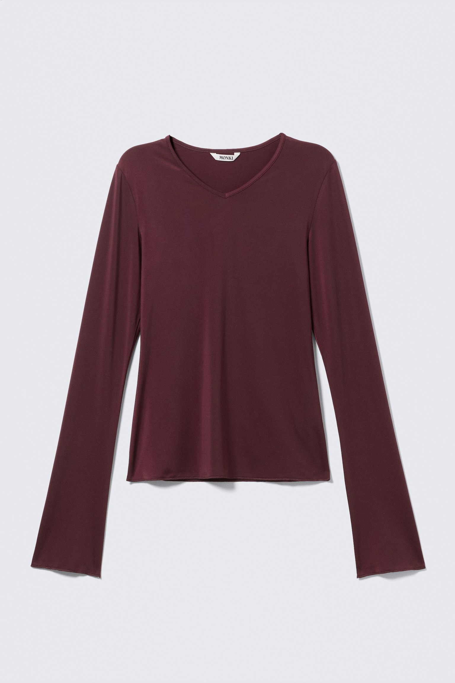 Long-Sleeved V-Neck Top - Burgundy/Light Pink - 2