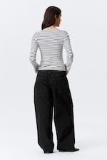 White - Black Stripes - Long Sleeve Cotton Top - 2