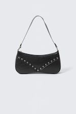 Black - Studded Faux Leather Shoulder Bag - 0
