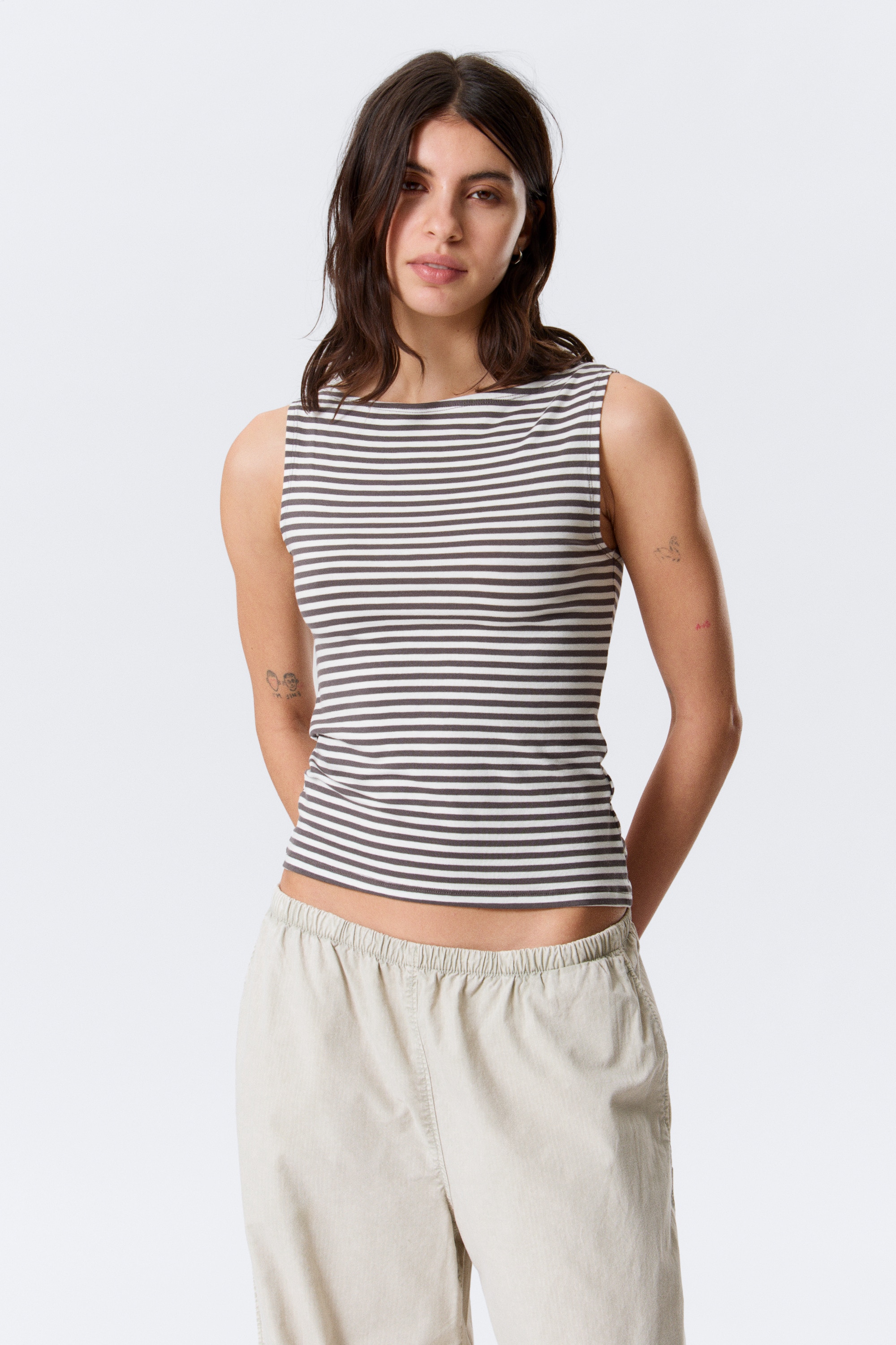 Annie Striped Sleeveless Boat-Neck Top - Grey & White Stripes/Black & Grey Stripes
