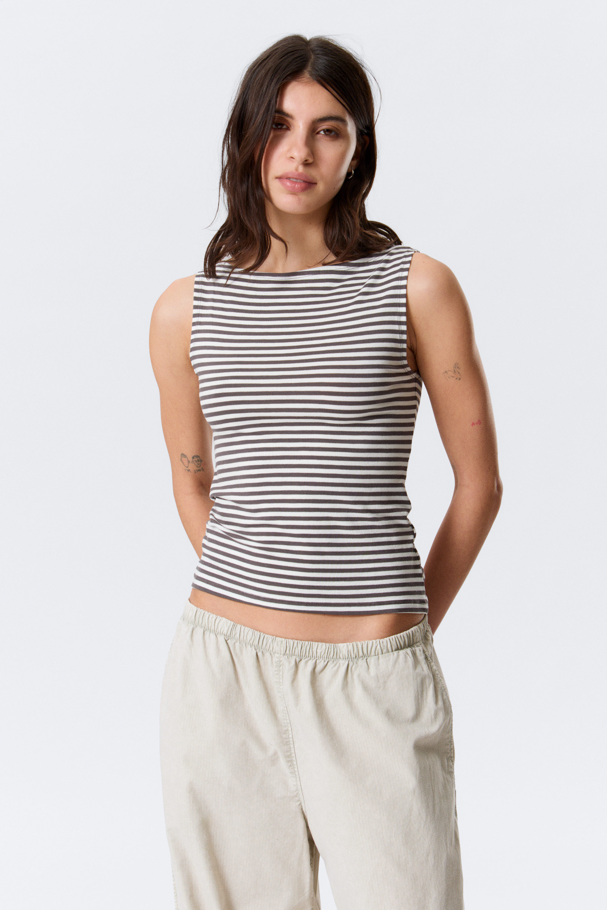 annie striped sleeveless boat-neck top - Grey & White Stripes