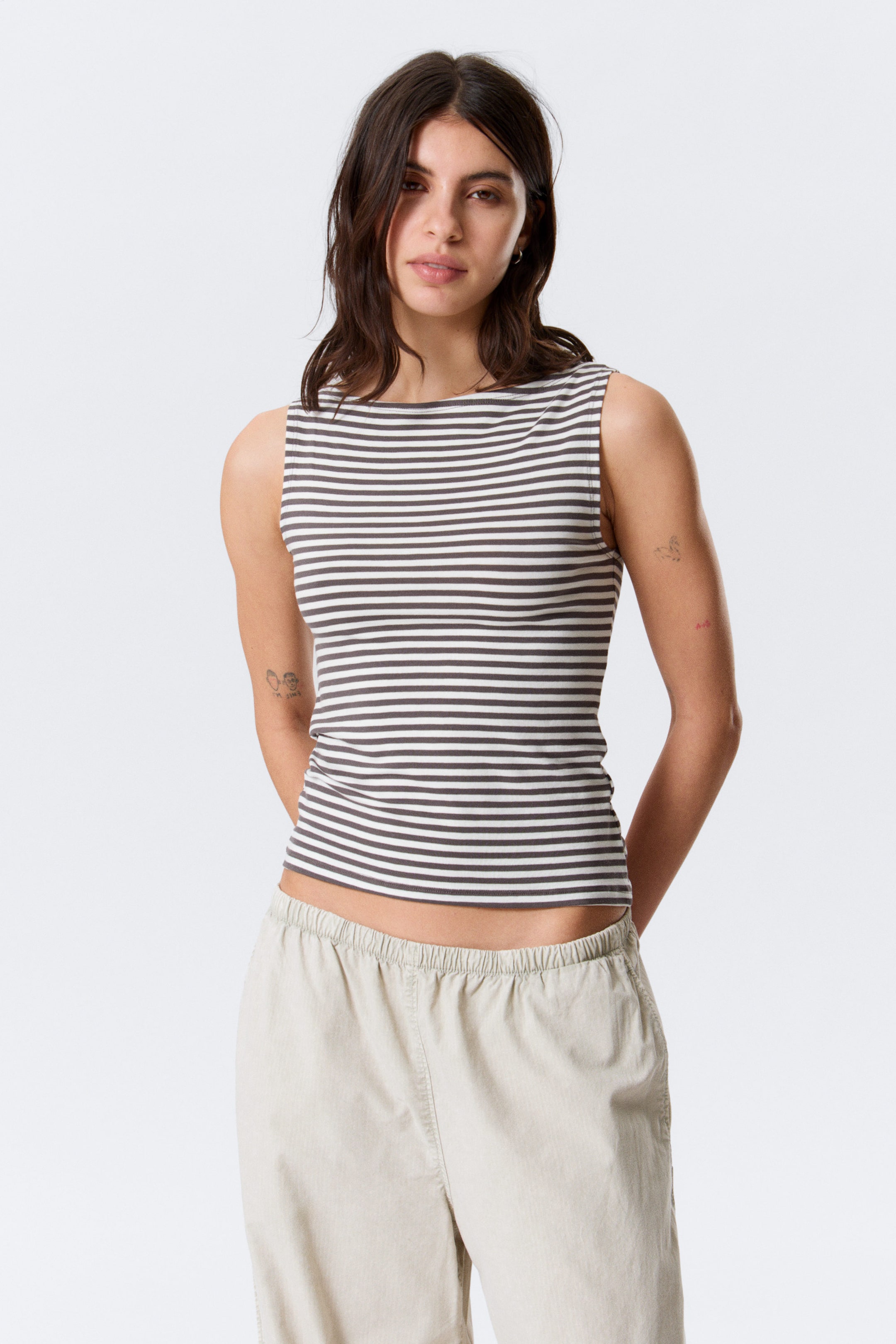 Grey & White Stripes - Annie Striped Sleeveless Boat-Neck Top - 1