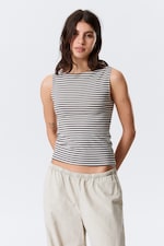Grey & White Stripes - Annie Striped Sleeveless Boat-Neck Top - 0