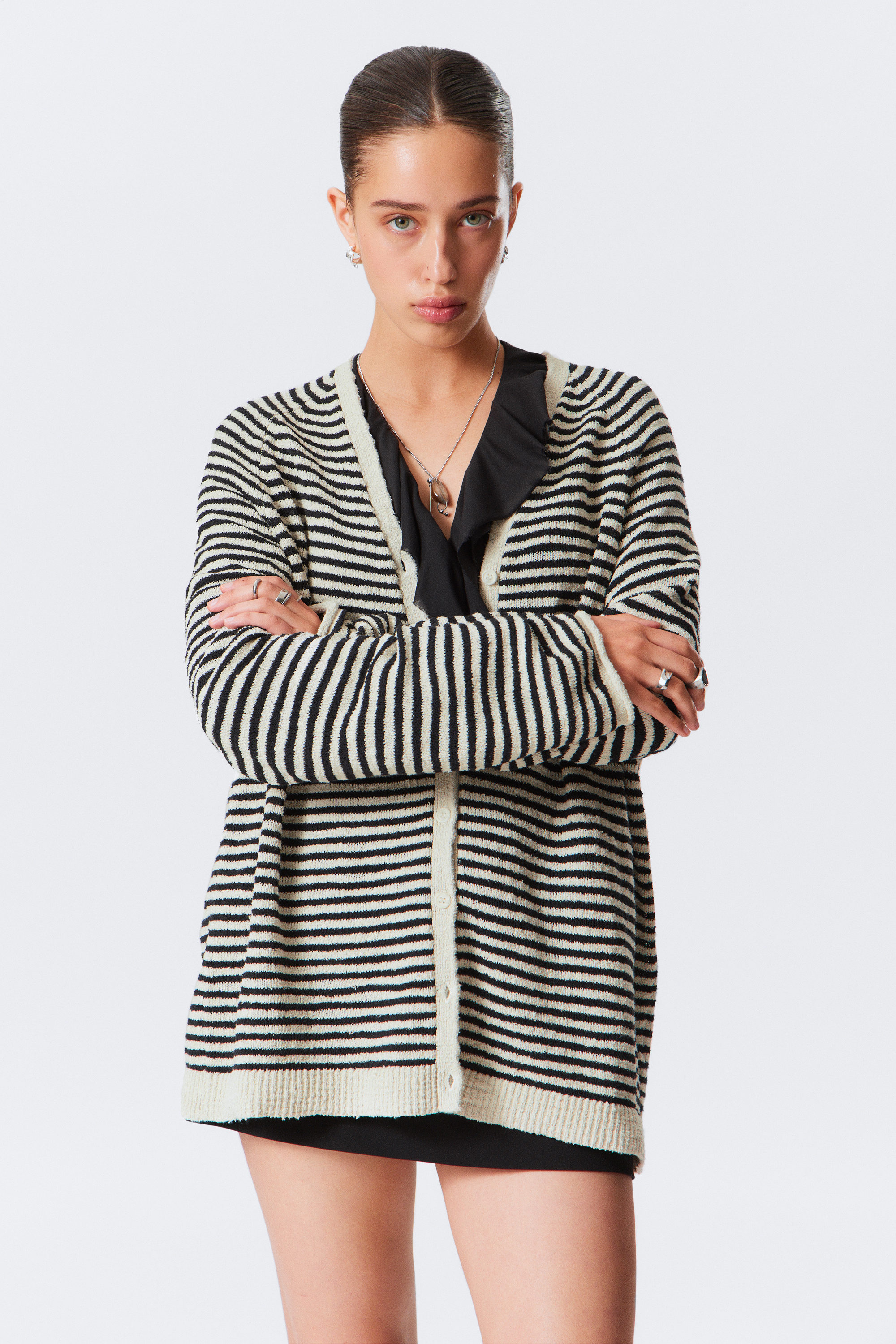 White & Dark Grey Stripes - Loose Knitted V-neck Cardigan - 1