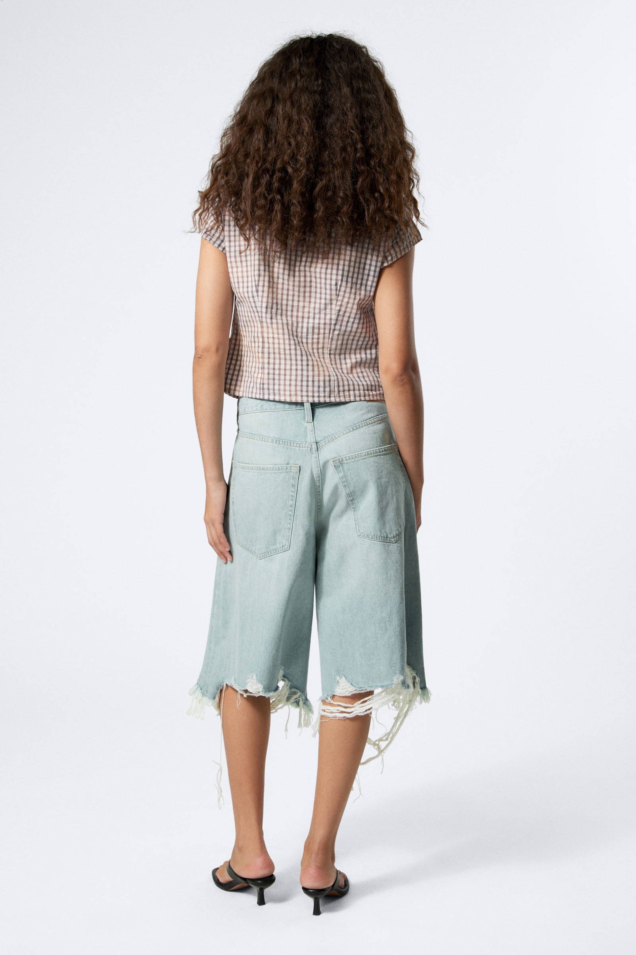 Checked Blue - Bleach Effect - Tie-Front V-neck Cotton Blouse - 3