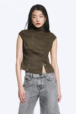 Taupe foncé - Haut structuré asymétrique en coton - 1