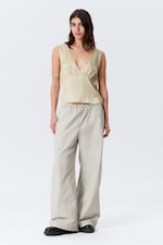 Light Dusty Beige - Sleeveless V-neck Satin Top - 2