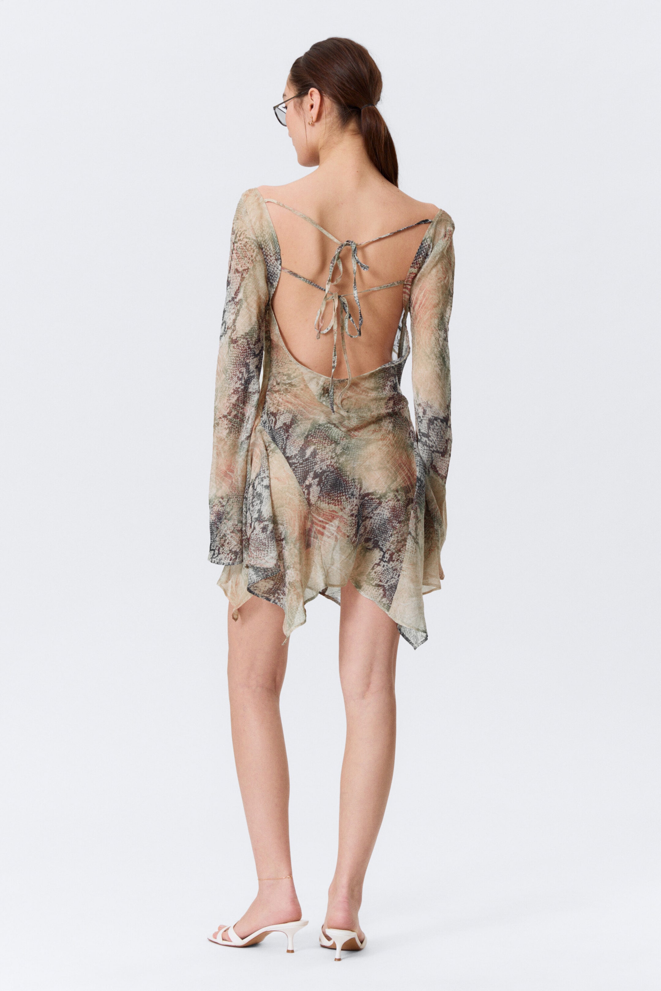 Beige - Snakeskin-patterned - Long-Sleeved Asymmetric Satin Mini Dress - 3