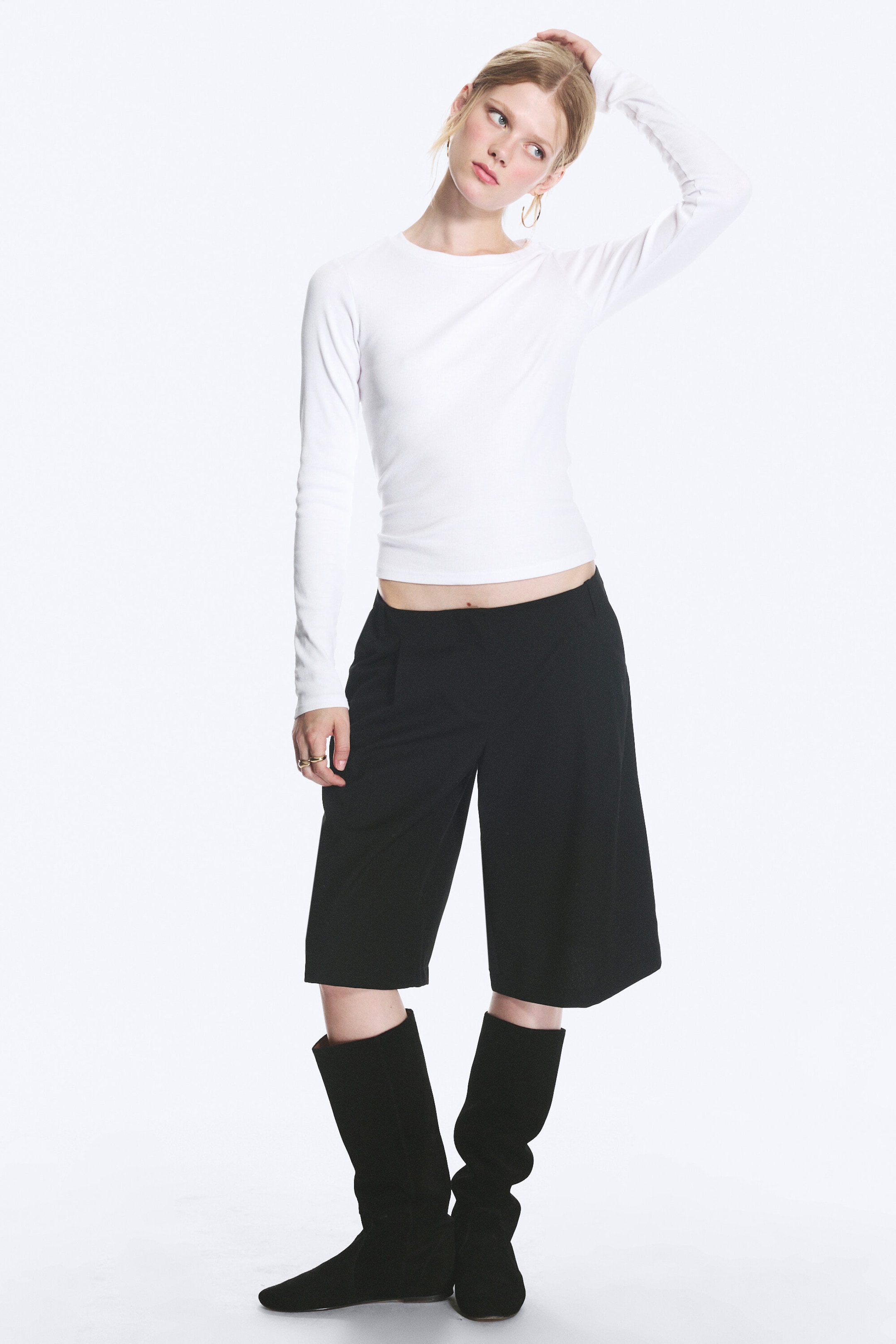 Weiß - Enges, geripptes Longsleeve - 2