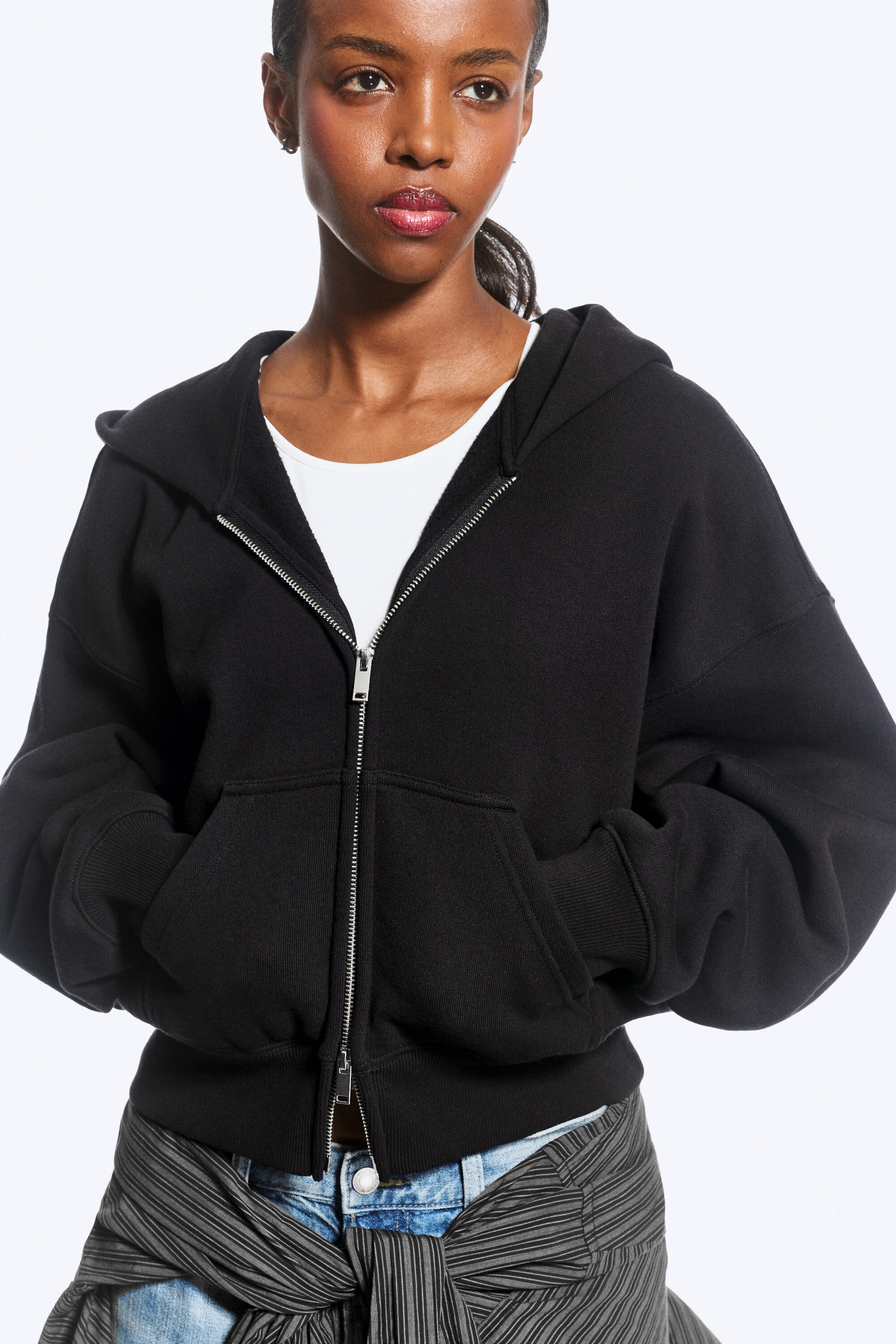 Black - Cropped Boxy Zip Hoodie - 2