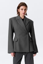 Dark Grey Melange - Fitted Double-Breasted Blazer - 1