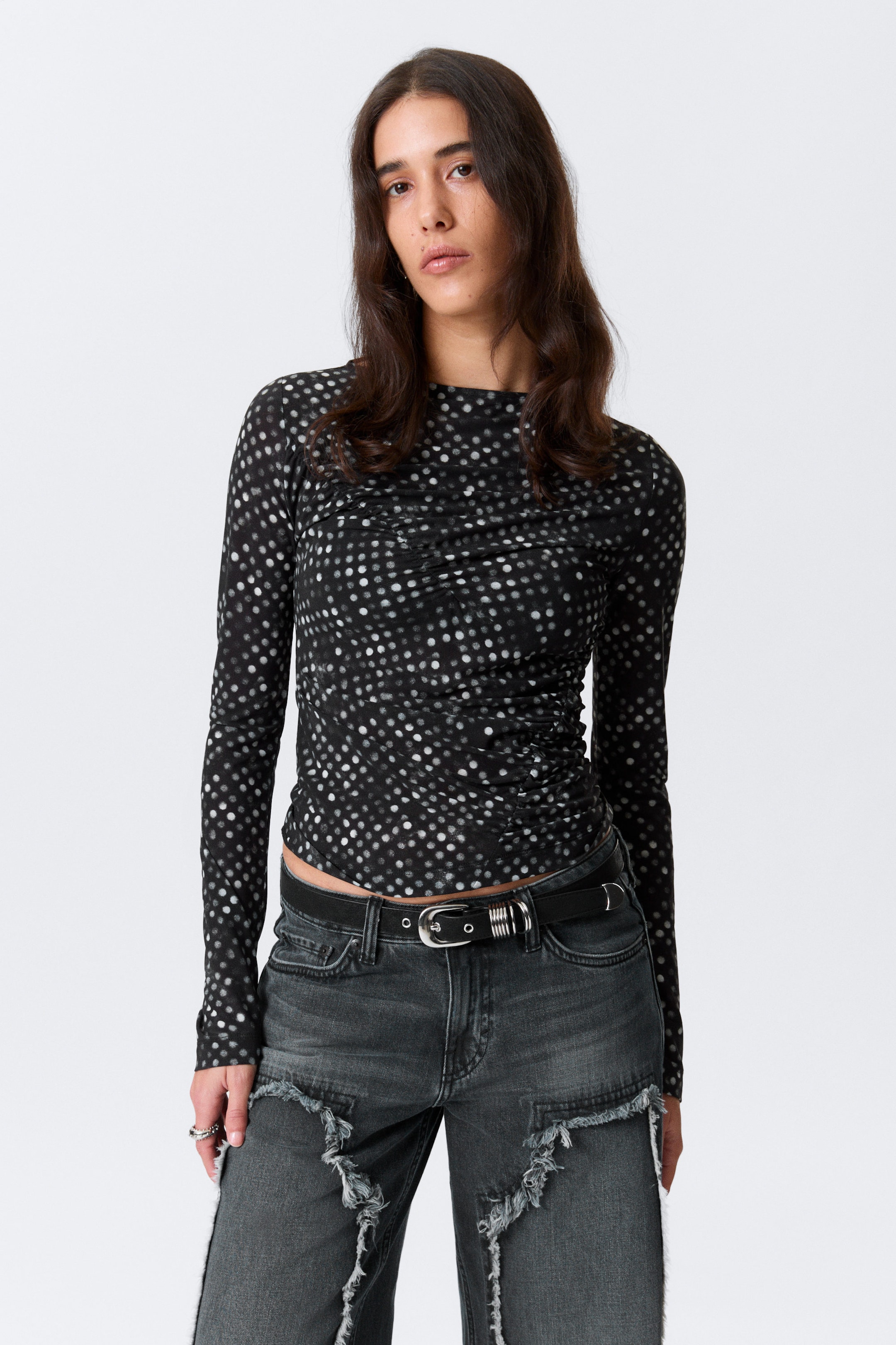Black Polka Dots - Ruched Printed Mesh Top - 1
