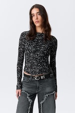 Black Polka Dots - Ruched Printed Mesh Top - 0