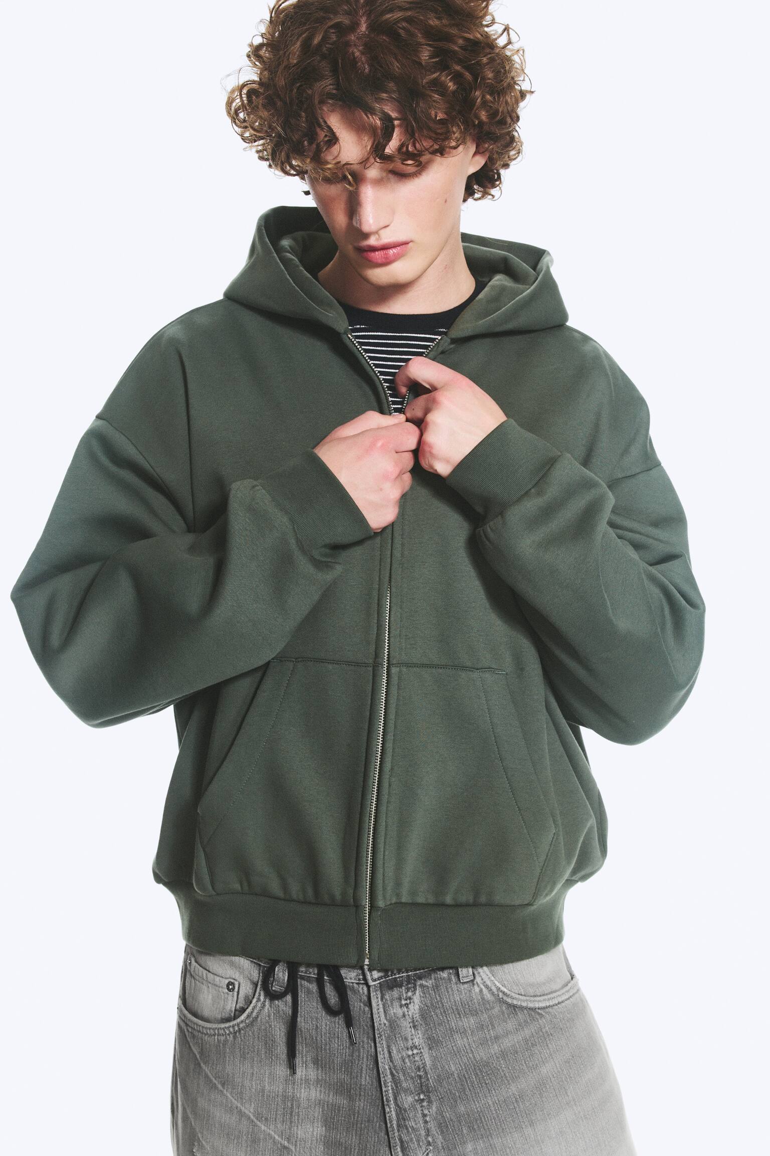 Weit geschnittener Zip-Hoodie - Dunkelgrün/Dunkelbraun/Schwarz/Grau meliert/Gewaschenes Hellblau/Dunkelgrün/Dunkelbraun - 1