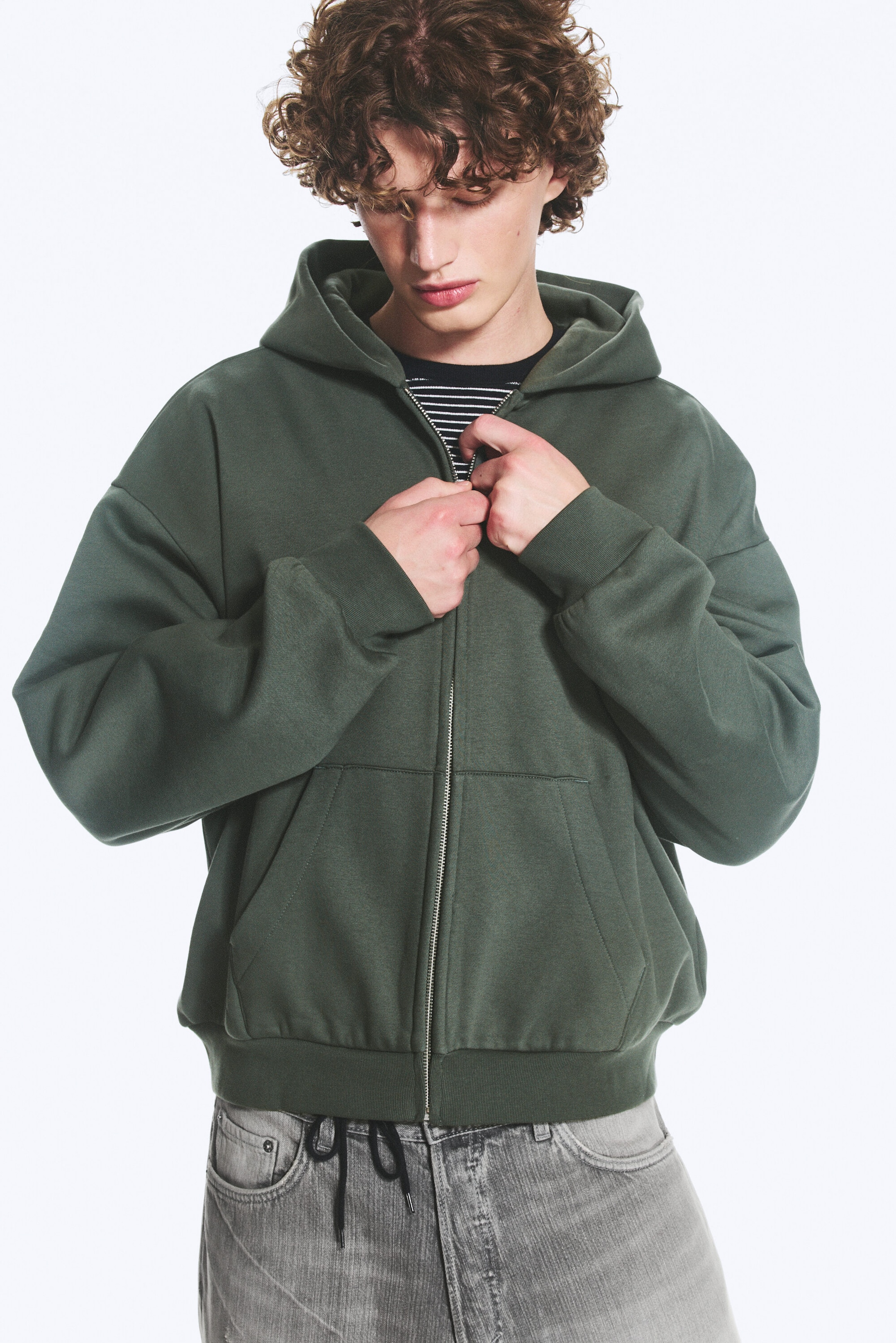 Dark Green - Loose Fit Zip Hoodie - 1