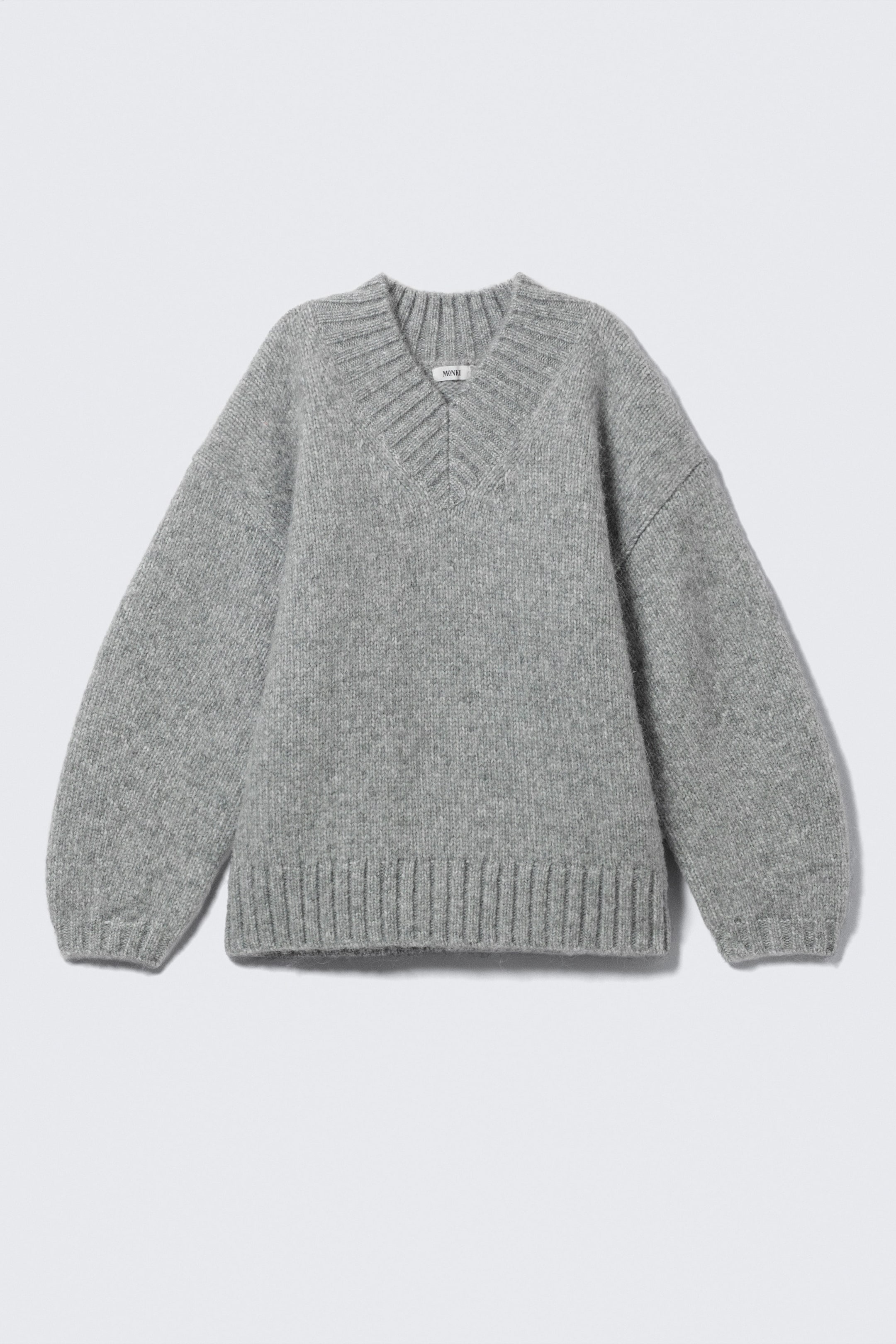 Grey Melange - Oversized Knitted V-neck Sweater - 3