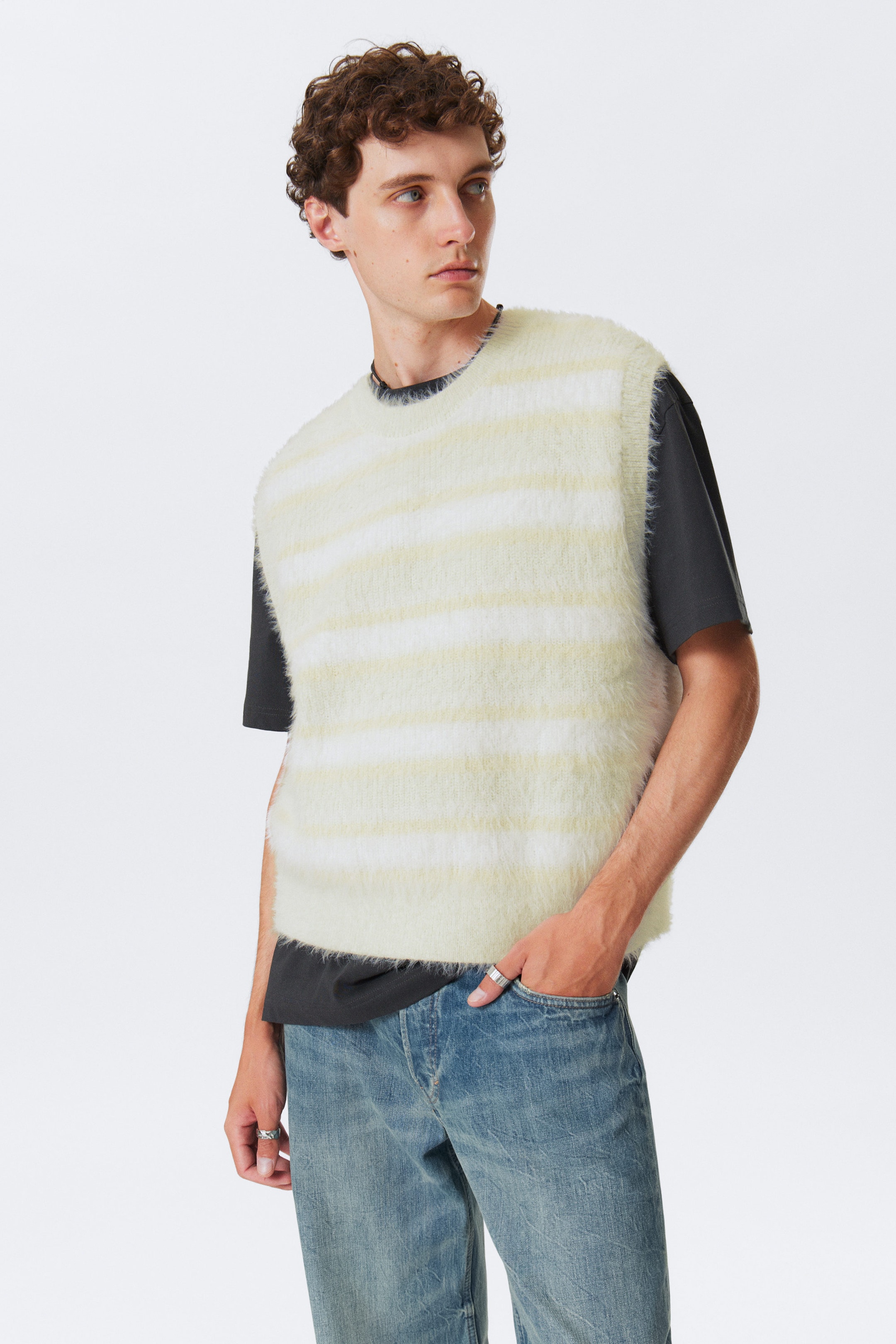 White - Striped Hairy Knit Vest - 1