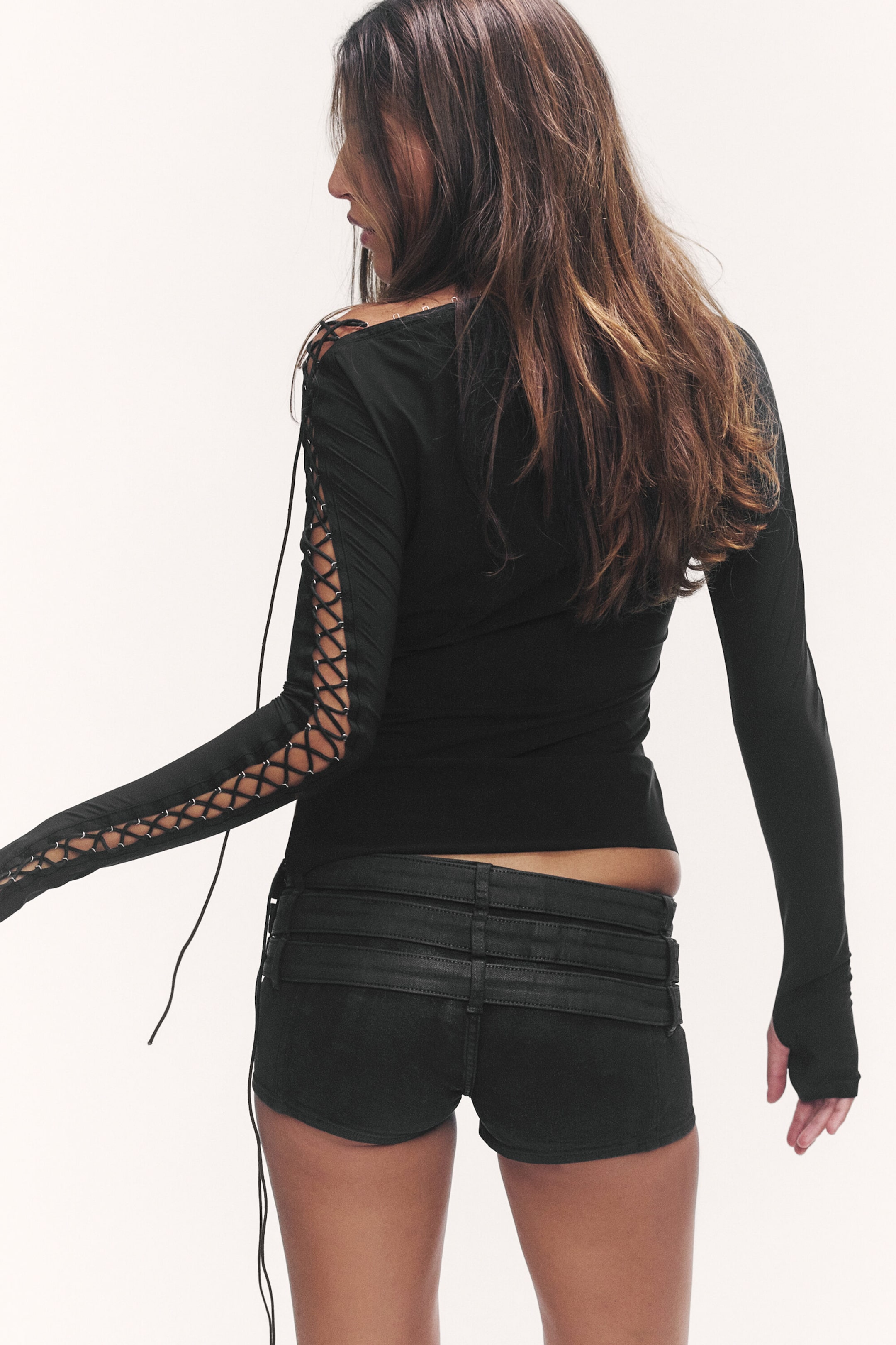 Black - Laced One-Shoulder Long-Sleeved Top - 3