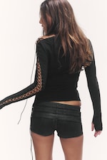Black - Laced One-Shoulder Long-Sleeved Top - 3